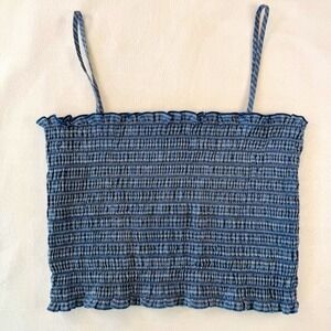 Blue Smocked Crop Cami Top Spaghetti Straps Stretchy Summer Y2K Style